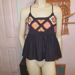 Vtg Dizzy Lizzy Granny Square Babydoll Top Size XL Tank Cami Hippie Boho 90s Y2K